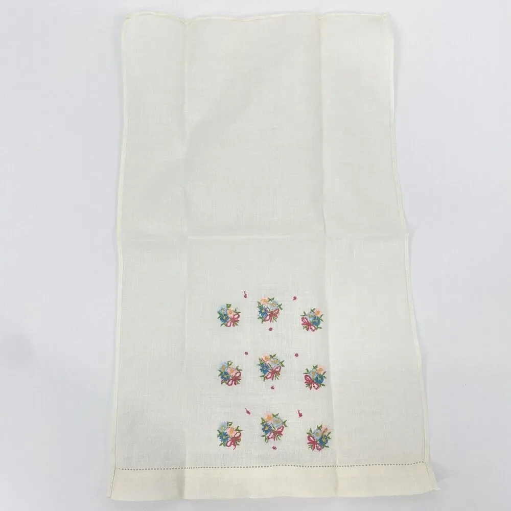 Vintage Linen Napkins Lot of 4 Floral Embroidered Ivory Red Pink